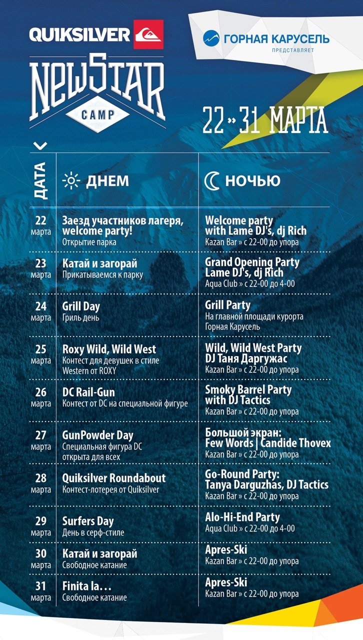 Расписание мероприятий Quiksilver New Star Sochi Camp